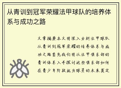 从青训到冠军荣耀法甲球队的培养体系与成功之路
