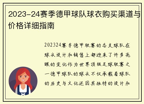 2023-24赛季德甲球队球衣购买渠道与价格详细指南