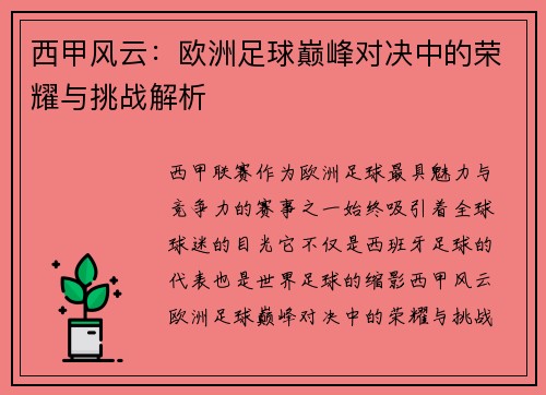 西甲风云：欧洲足球巅峰对决中的荣耀与挑战解析