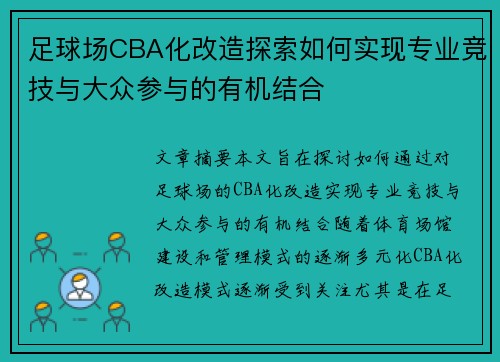 足球场CBA化改造探索如何实现专业竞技与大众参与的有机结合