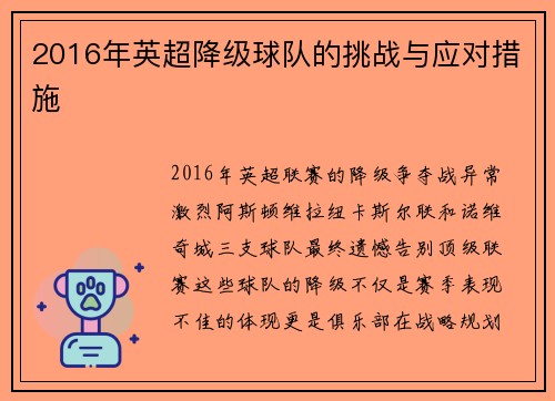 2016年英超降级球队的挑战与应对措施